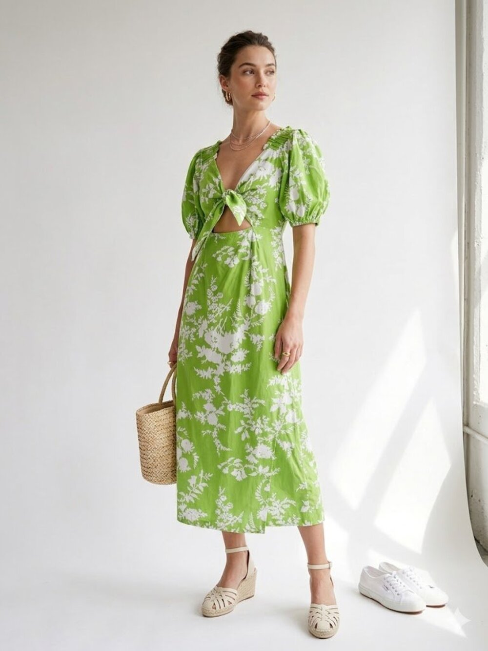 Chelsea 28 Green Floral Tie Front Midi Dress Small Cotton Puff Sleeve Wrap